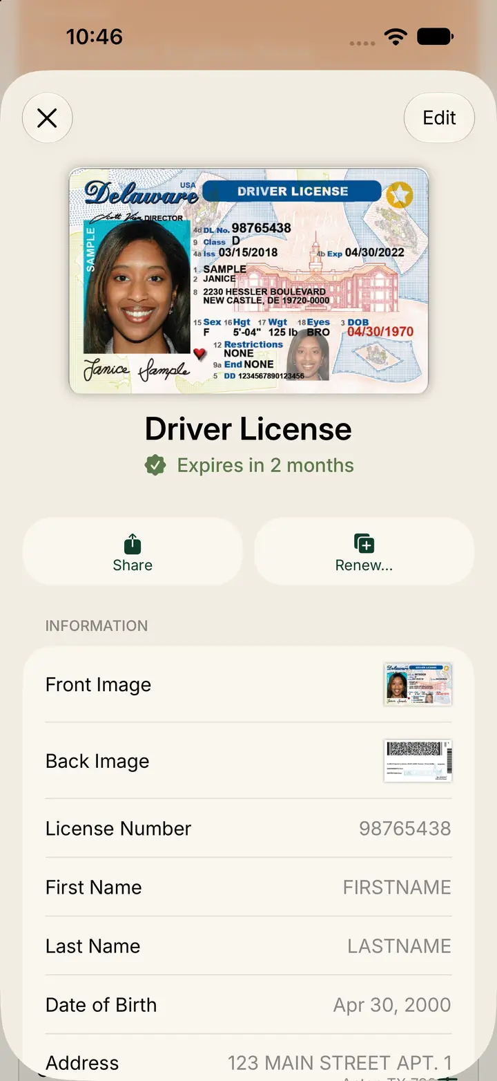 A driver license with front and back images, license number, name, date of birth, and address.