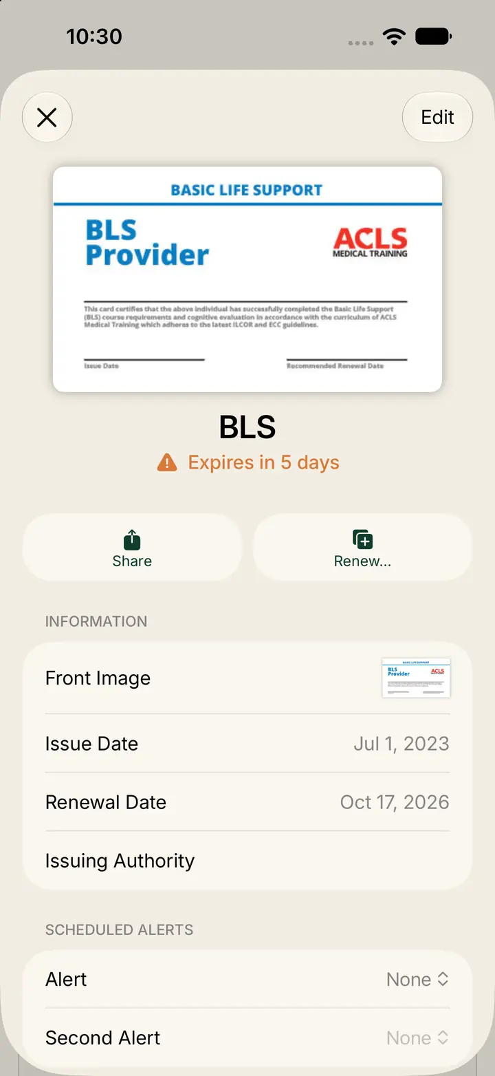 A document with Share, Renew, dates, alerts, and Edit.