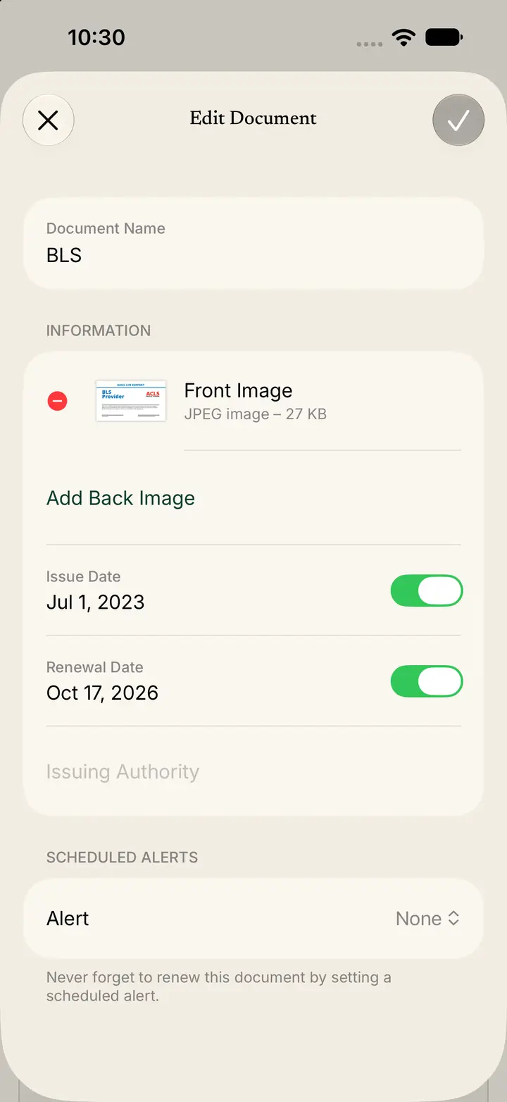 Edit Document with the name, images, dates, and an alert.