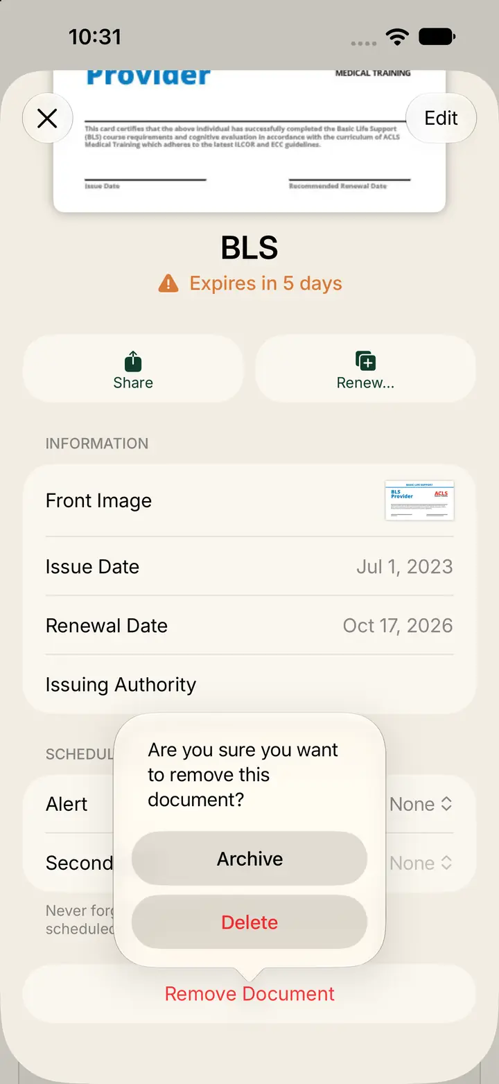 Confirmation with Archive and Delete.