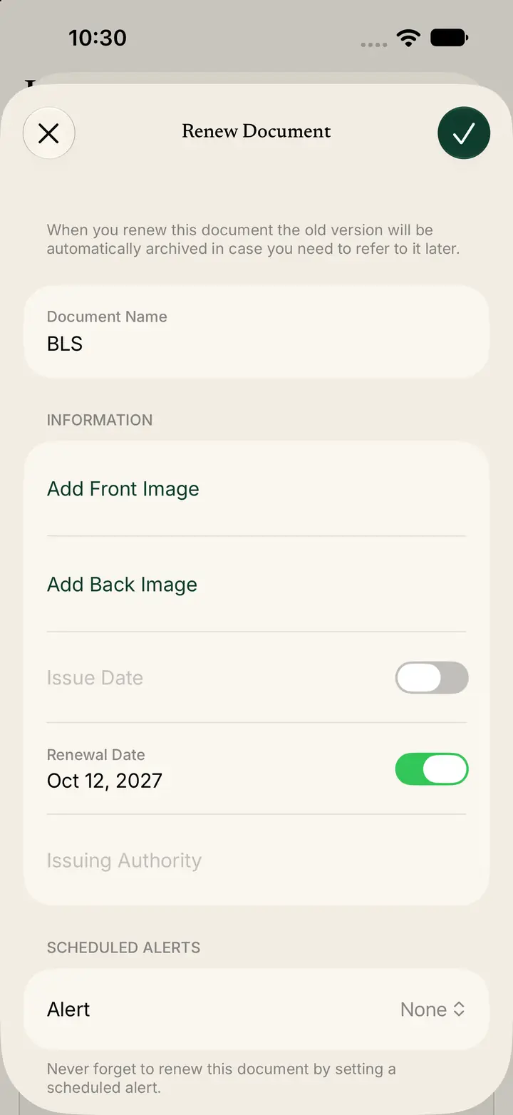 Renew Document screen. The note says the old version will be automatically archived. The form shows Document Name BLS, Add Front Image, Add Back Image, and Renewal Date.