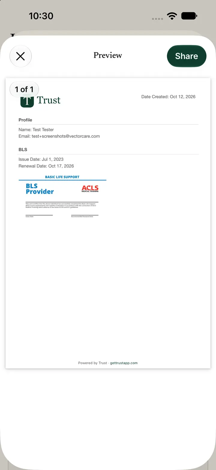 PDF preview with profile details, document dates, the card image, and a Trust footer.