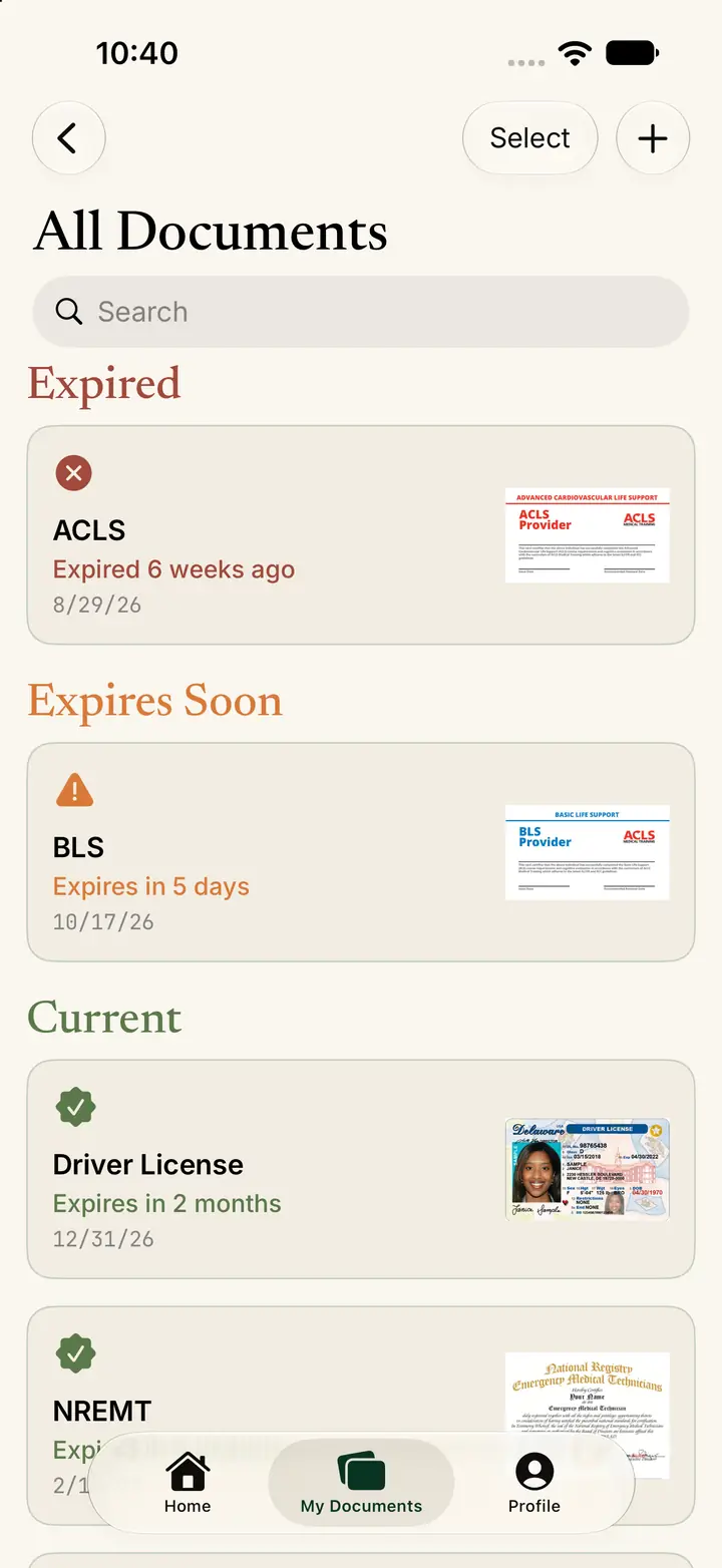 All Documents list with search and sections for expired, expiring, and current documents.