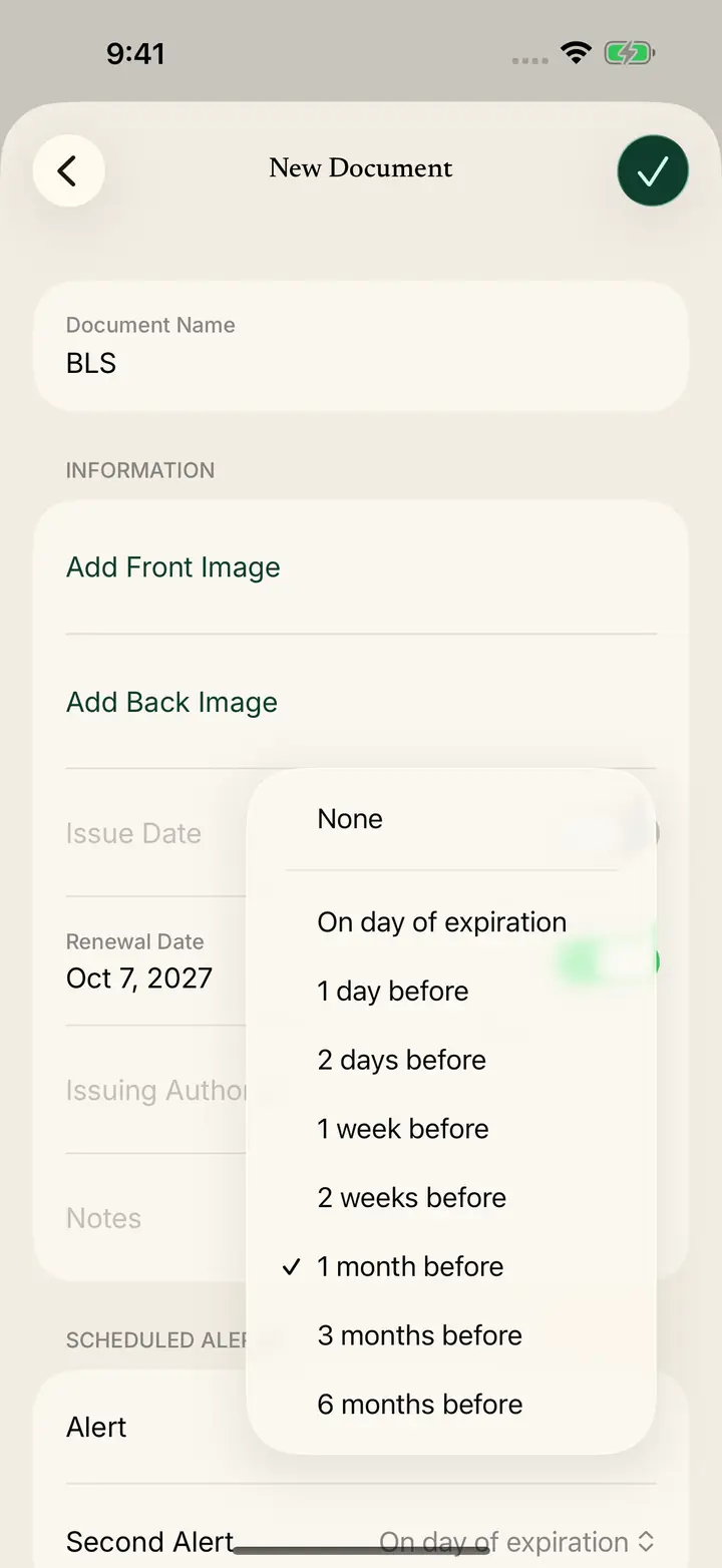 Alert times from the day of expiration out to six months before.