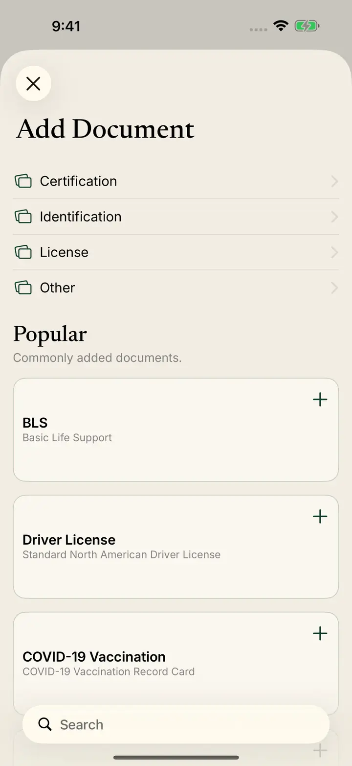 Add Document with categories and a short list of popular types.