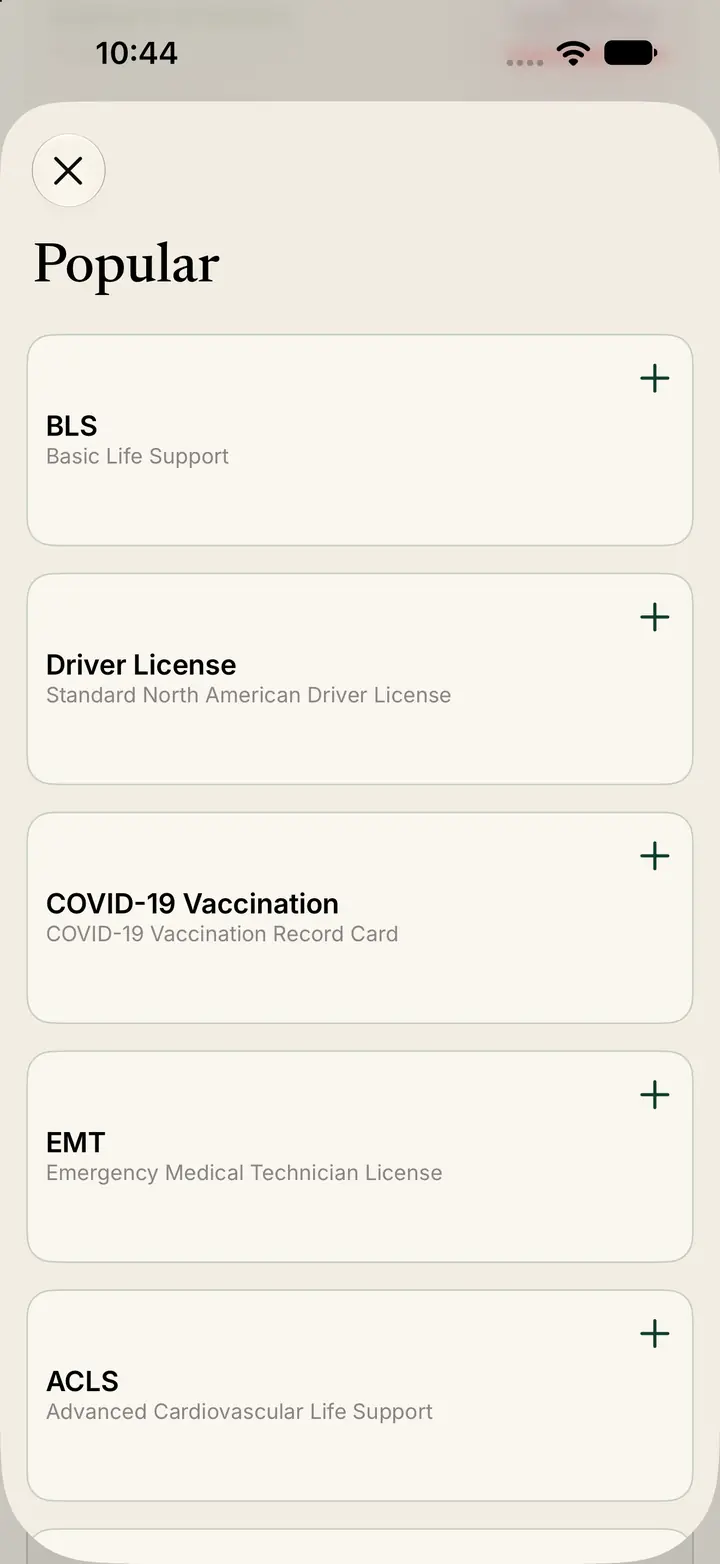 Popular document types, including BLS, driver license, COVID-19 vaccination, EMT, and ACLS.
