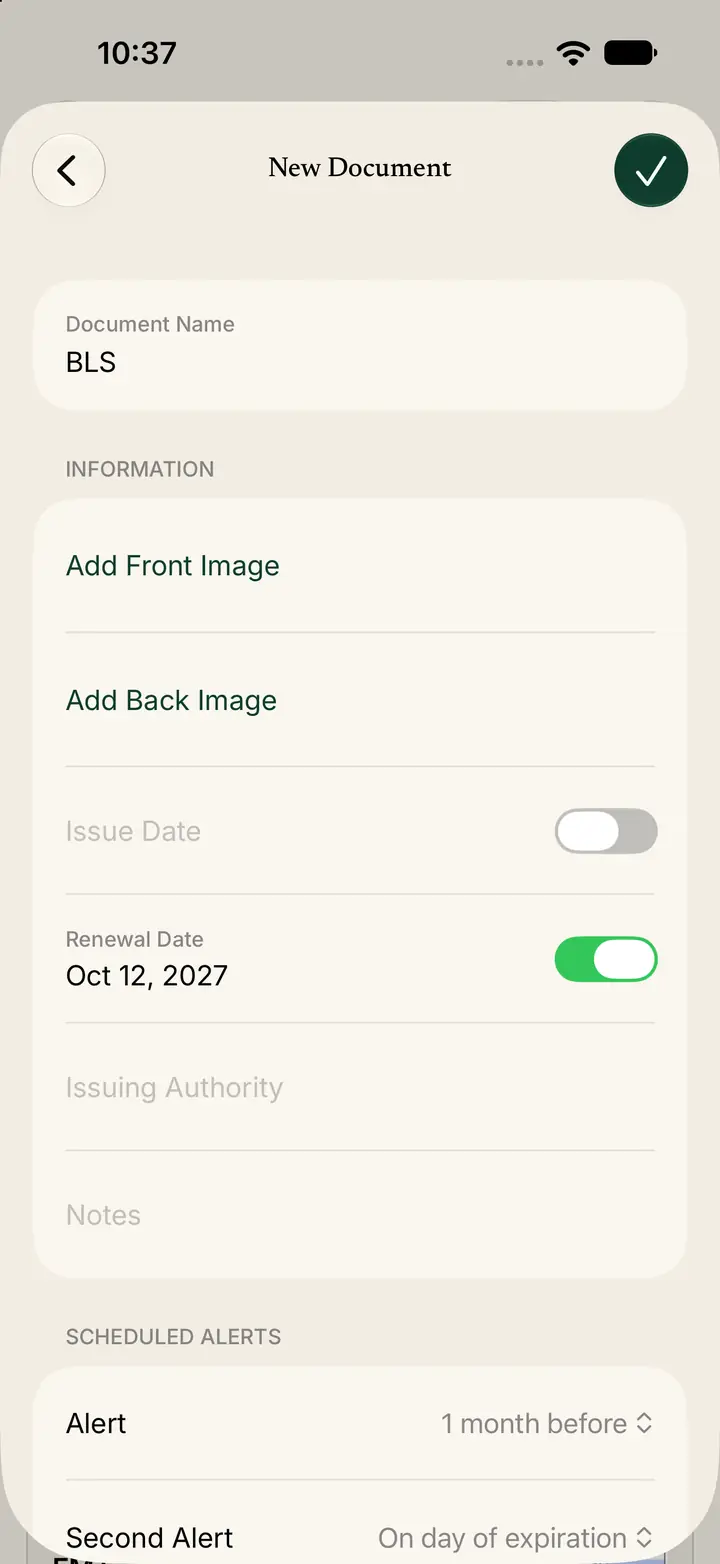 New Document form with image buttons, a renewal date, and two alert settings.