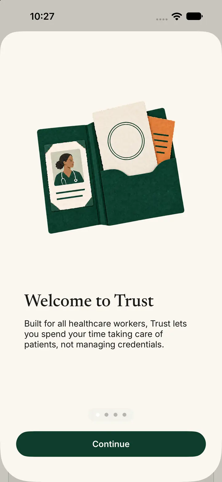 Welcome to Trust, with a Continue button.