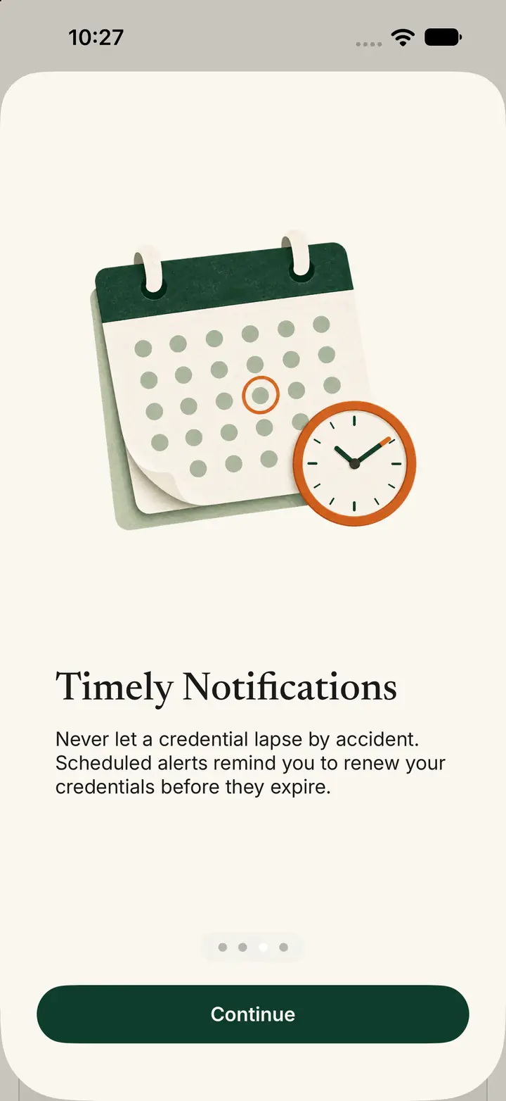 Timely Notifications screen, with a Continue button.