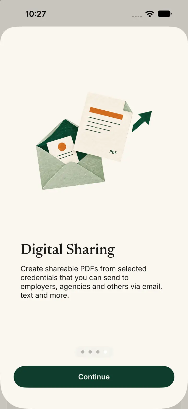 Digital Sharing screen, with a Continue button.