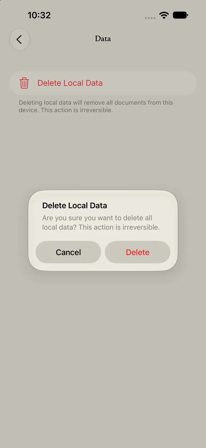 Confirmation dialog: Are you sure you want to delete all local data? Buttons are Cancel and Delete.