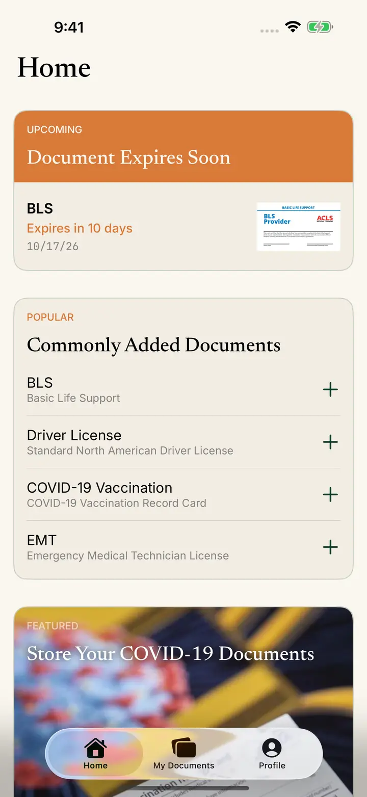 Home tab with Upcoming documents and popular documents you can add.