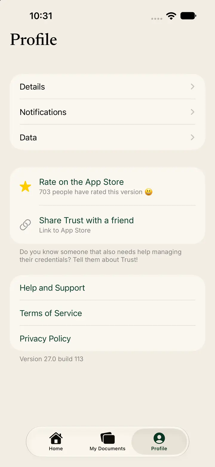 Profile with Help and Support, Terms of Service, and Privacy Policy.